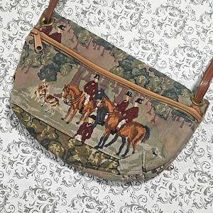 Vintage Equestrian Foxhunt Tapestry Bag Convertible Bucket Purse